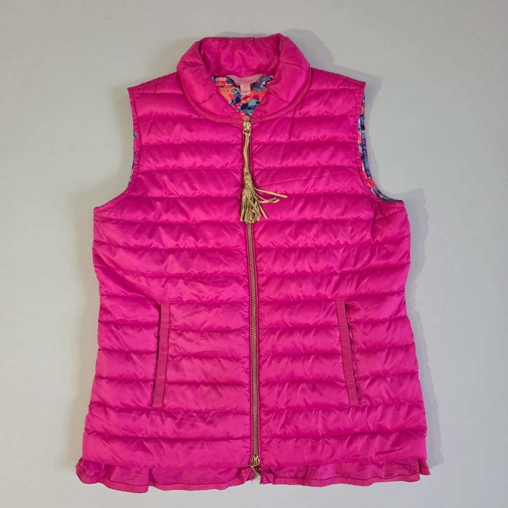 Lilly‎ Pulitzer Cora Puffer Vest Magenta Pink Floral Lined XS Lightweight